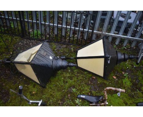 A PAIR OF VICTORIAN STYLE STREET LANTERNS, labelled Urbis, four tapered sides, and Perspex panels, 46cm squared x height 122 