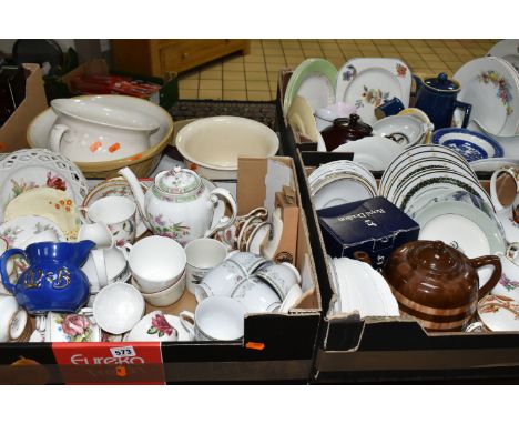 THREE BOXES OF TEAWARES, to include two ceramic chamber pots, a large vintage Green &amp; Co. Ltd 'Gresley' mixing bowl, a bl