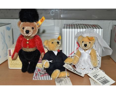 THREE BOXED STEIFF TEDDY BEARS, comprising 026867 Great Escapes Series 2018 'London Teddy Bear', height 16cm, has a magnetic 