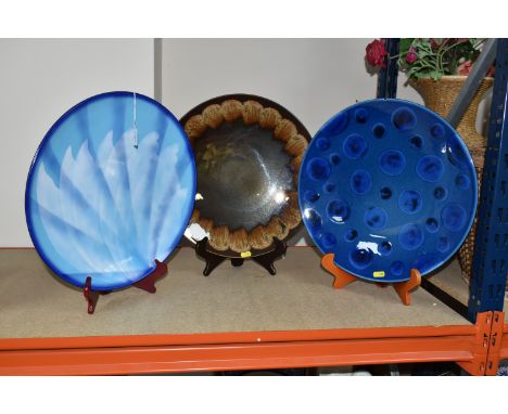 THREE LARGE POOLE POTTERY CHARGERS, comprising a limited edition  'Air' charger 127/250 from 'The Elements' series designed b