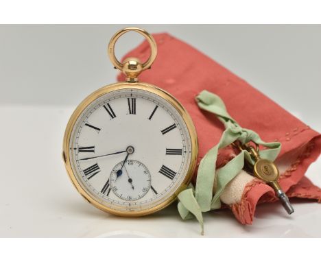 A LATE VICTORIAN, 18CT GOLD OPEN FACE POCKET WATCH, key wound, round Roman numeral white dial, subsidiary seconds dial at the