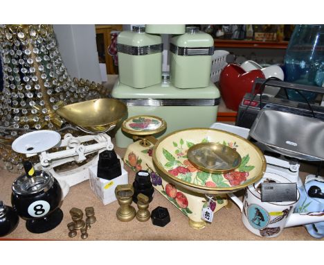 A QUANTITY OF KITCHENWARE, comprising a set of pale green Swan cannisters and bread bin, three sets of vintage metal kitchen 