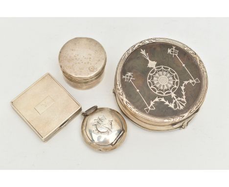 TWO SILVER COMPACTS, A SILVER ASPREY PILL BOX AND A PIQUE TORTOISESHELL TRINKET BOX, to include a square engine pattern compa