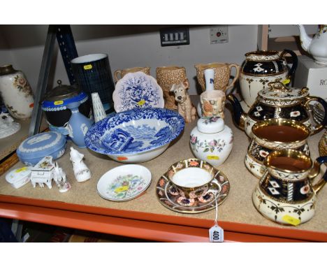 A SELECTION OF DECORATIVE NAMED CERAMIC ITEMS ETC, to include a Royal Crown Derby Imari pattern teacup and saucer, a Poole Po