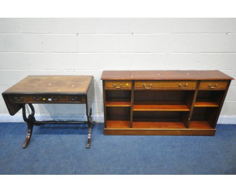 A 20TH CENTURY MAHOGANY DROP LEAF SOFA TABLE, with two frieze drawers, raised on harp shaped supports and splayed legs, unite