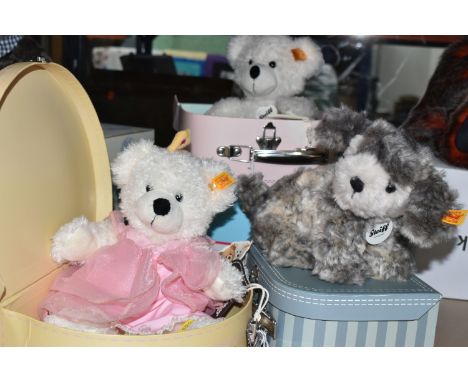 THREE STEIFF BEARS/ SOFT TOYS IN SUITCASES AND ONE CARD BOX, comprising Lotte Teddy Bear Princess (1118911), Matty Dog (07916