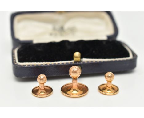 A BOXED SET OF THREE YELLOW METAL DRESS STUDS, each with a decorative ball terminal to the polished stems and round base, sta