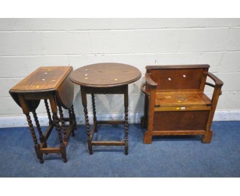 THREE PIECES OF 20TH CENTURY OAK FURNITURE, to include a small bench, with open armrests, a hinged storage compartment and tw