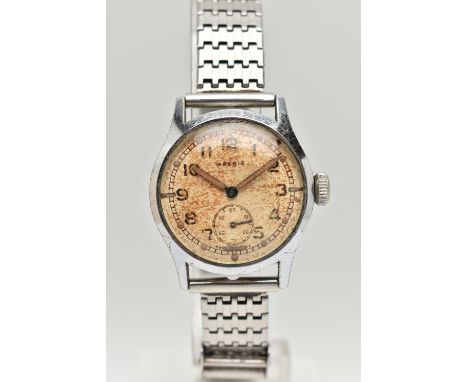 A GENTS 'MOERIS' MILITARY WRISTWATCH, hand wound movement, round dial signed 'Moeris', Arabic numerals, subsidiary second dia