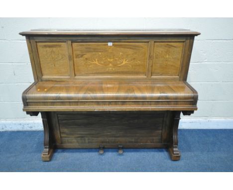 A JOHN BROADWOOD AND SONS WALNUT AND MARQUETRY INLAID OVERSTRUNG UPRIGHT PIANO, serial number 68065, ivory and ebony keys, wi