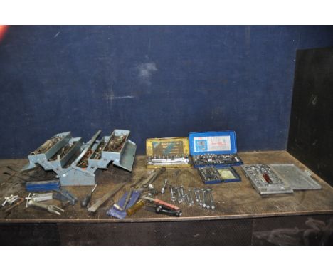 A TOOLBOX CONTAINING AUTOMOTIVE TOOLS AND FOUR SOCKET SETS including spanners by Britool, King Dick, Williams, sockets by Hil
