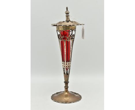 AN EARLY 20TH CENTURY SILVER LIDDED VASE, the tapered trumpet shaped vase with pierced scrolling detail, scalloped base and l