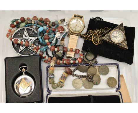 A BOX OF ASSORTED ITEMS, to include a Masonic triangular, manual wind pocket watch, case back loose from case, movement signe