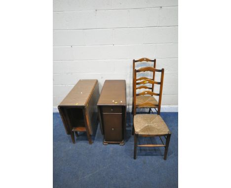 A 20TH CENTURY OAK DROP LEAF TABLE, with a single drawer and door, a Formica drop leaf table, along a pair of rush seated lad