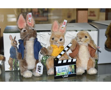 A BOXED STEIFF LIMITED EDITION PETER RABBIT GIFT SET OF THREE CHARACTERS AND CLAPPER BOARD, (Peter Rabbit, Benjamin Bunny and