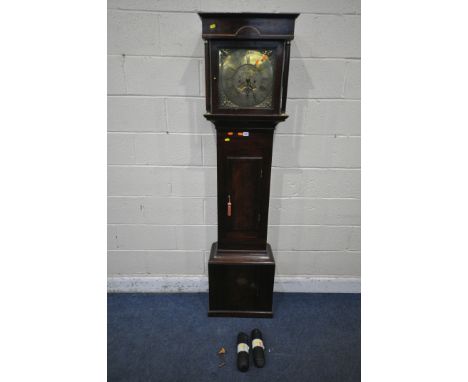 A GEORGIAN MAHOGANY 8 DAY LONGCASE CLOCK, turned spindles flanking a glazed door, that's enclosing an 11 inch brass dial, dep