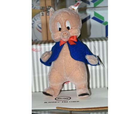 A BOXED STEIFF LIMITED EDITION 'PORKY PIG', the character with pale pink mohair and cotton covering, gold coloured ear button