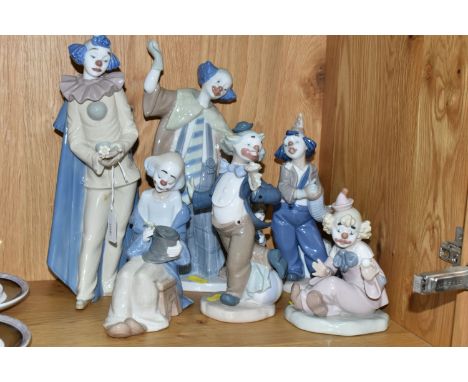 SIX NAO CLOWN FIGURES, to include Ringmaster, Now You See It, Standing Clown with Flower, etc, height of tallest 31cm (6) (Co