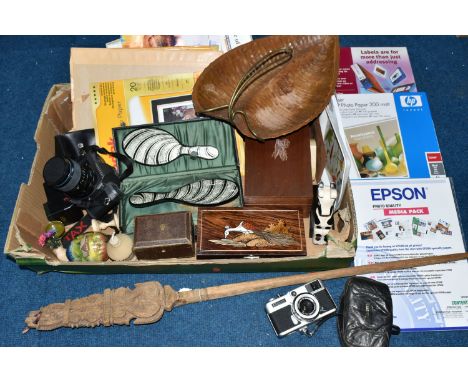 A BOX OF SUNDRY ITEMS ETC, to include a Pentax P30 SLR camera fitted with a Carl Zeiss Jena 28-70 zoom lens, a Pentax AF200SA