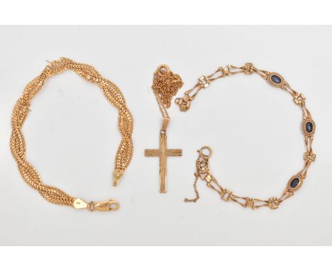 AN ASSORTMENT OF 9CT GOLD JEWELLERY, to include a yellow gold cross necklace with diamond cut pattern detail, approximate len