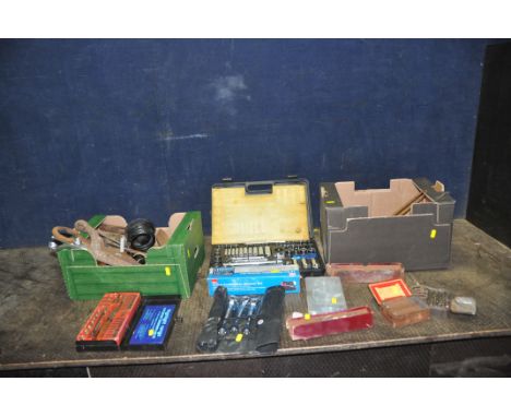 TWO TRAYS CONTAINING AUTOMOTIVE AND ENGINEERING TOOLS including a Halfords socket set, calipers, dividers, vee blocks with cl