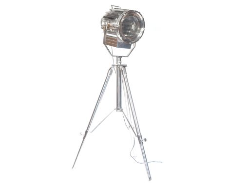 A stunning large contemporary industrial chrome floor standing lamp comprising of an oversized theatre / search / cinema ligh