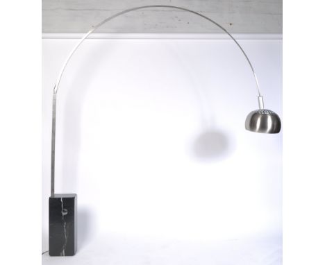 After Achille Castiglioni - Arco Lamp - A contemporary floor stand standard lamp. The lamp having a large sweeping chromed ne
