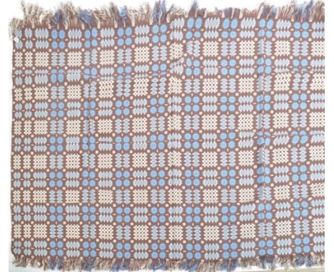 Derw - A superb 20th century retro vintage woollen welsh blanket having a brown ground with baby blue geometric repeating pat