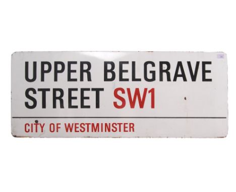 A rare and original 20th century enamel London street sign for Upper Belgrave Street SW1 - City of Westminster. The rectangul
