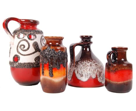 West German Pottery - Fat Lava - A collection of 4x assorted earthenware ceramic jugs and vase. Each piece having the iconic 