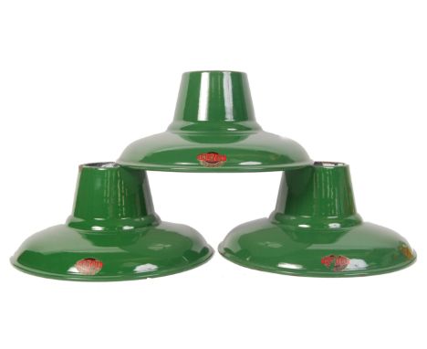 Thorlux Lighting - A set of 3 vintage industrial factory 20th century two tone porcelain enamel lamp / light shades. The coni