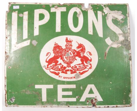Lipton's Tea - An early 20th century vintage industrial point of sale porcelain enamel advertising sign. The sign having a gr