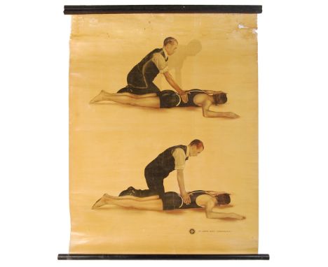 St John's Ambulance - J. Teck - An original industrial 1920's vintage&nbsp;linen backed&nbsp;scrolled medical school poster&n
