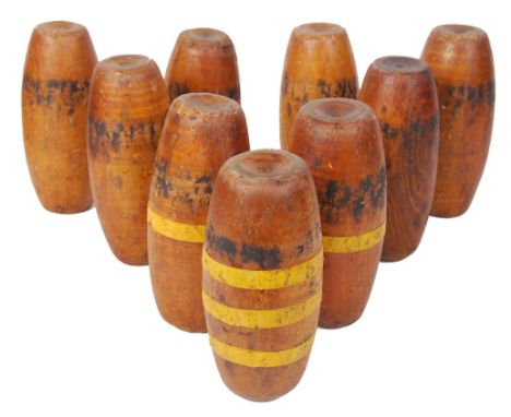 A collection of 9x original mid 20th century retro vintage turned beech wood constructed skittles. Measures; 22cm tall.