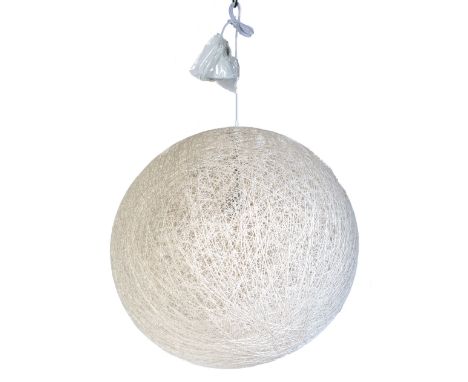 A large contemporary Monkey Ball pendant ceiling fixture light / lamp . The light consisting of spun wood coated in white pai