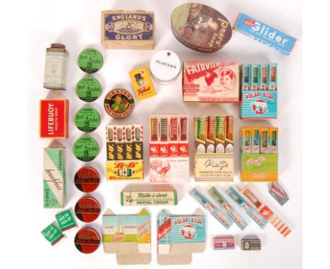 A collection of original retro vintage products, trade boxes and packaging to include; Polar Bear toothbrushes , Fairview Jun
