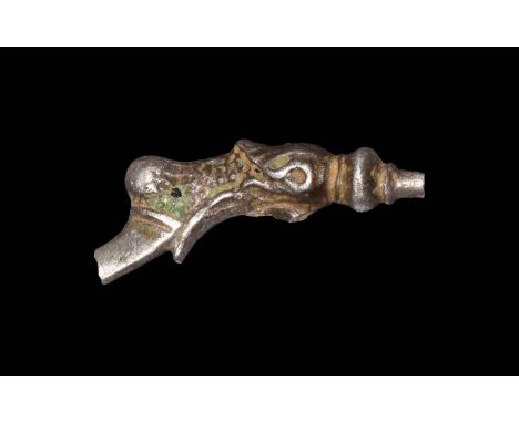 16th-17th century AD. A silver finial from a toothpick, ear-scoop or similar instrument, with bulb collar and textured detail