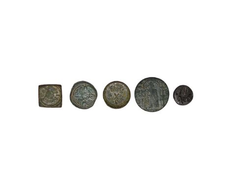14th-18th century AD. Group comprising: uniface circular weight for a ryal; circular weight for a 10 shilling angel; square J