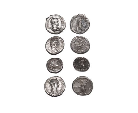 137-395 AD. Group comprising: Rome denarii of Aelius ((Concordia), Geta (Vota Publica), Julia Mamaea (Vesta); siliqua of Arca