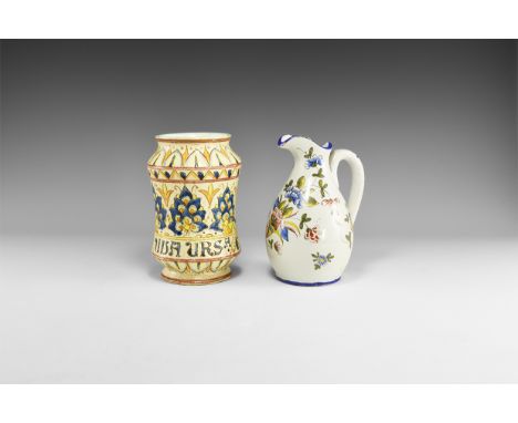 20th century AD. A glazed ceramic group comprising: a majolica jar with maker's mark to the underside 'Fognani Faenza' (for P