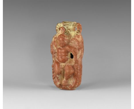 19th-20th century AD. A ceramic amphora shaped vessel with reclining figure of Cupid, wings outspread.  196 grams, 13.5cm (5 