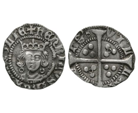 1422-1430 AD. Obv: facing bust with annulets at neck and +HENRICVS REX ANGLIE legend. Rev: long cross and pellets with annule