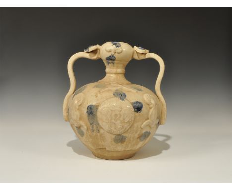 An undated archaistic creamware vase comprising a bulbous body and waisted tubular neck with bulb above, two florid curved ha