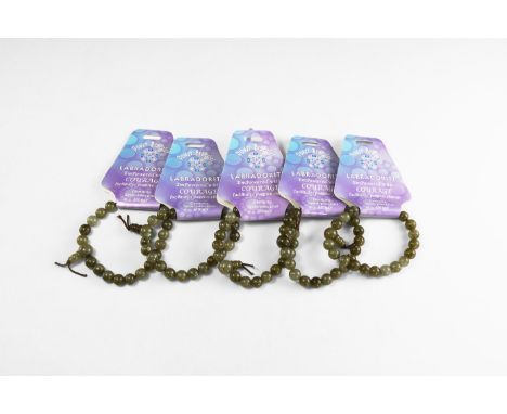 A group of five labradorite 'power bracelets', with 32mm beads strung on elastic. See Bonewitz, Dr. Ronald Louis, Rocks & Min