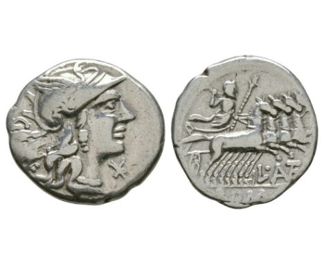 136 BC. Obv: helmeted head of Roma right with GRAG behind and 'star' symbol below chin (XVI monogram"). Rev: Jupiter brandish