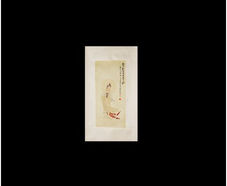 20th century AD. A rectangular paper panel on a textile backing with wooden roller, watercolour image of a robed female figur