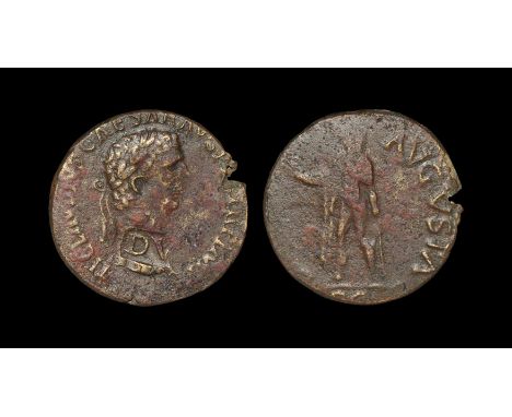 41-54 AD. Ancient, underweight imitation sestertius, devalued to dupondius. Obv: TI CLAVDIVS CAESAR AVG P M TR P IMP legend w