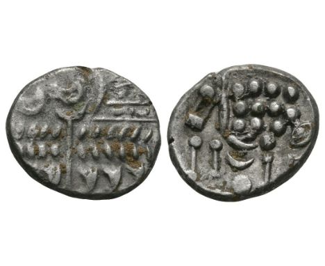 50 BC-40 AD. Obv: wreath, cloak and crescents design. Rev: disjointed horse left. S. 365; BMC 2525-2546; ABC 2157. 3.53 grams