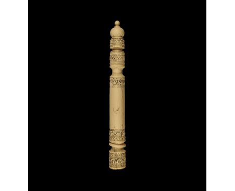 17th-18th century AD. A turned bone whisk handle with recessed sections, bulb and knop finial; integral carved bone ring to t