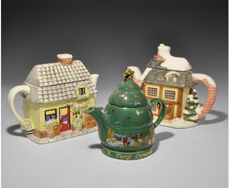 1970s. A mixed group of ceramic teapots comprising: one squat, green-glazed with decals of swags of decorations and piles of 